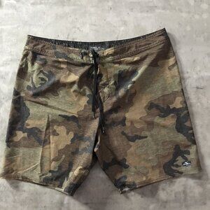O'Neill Hyperfreak Board Shorts Mens 38 Camo Brown Green Surf Swim Trunks Y2K
